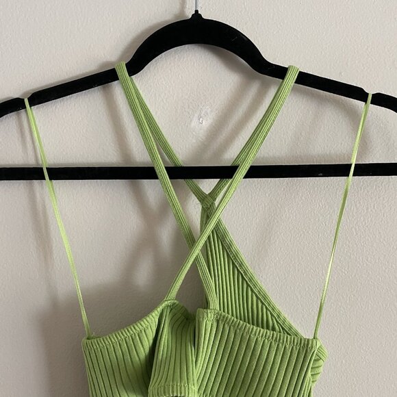 Zara Women S Green Ribbed Stretch Y2K Sleeveless Halter Neck Cutout Bodysuit NWT - Picture 16 of 16